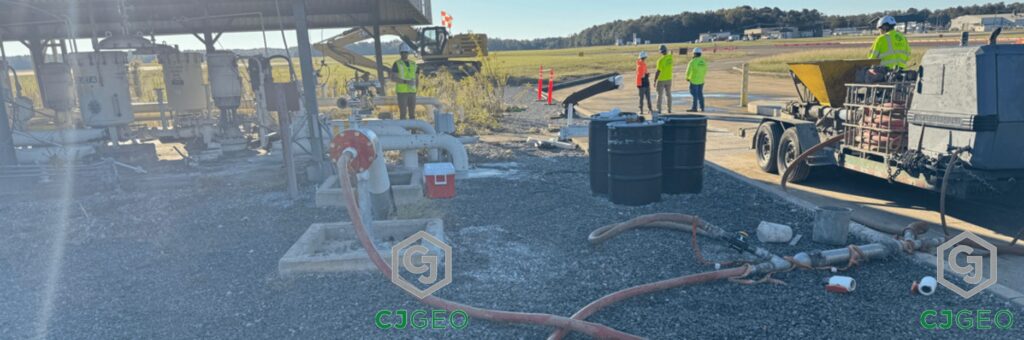 A hose connects a grout pump at a air field fueling station to facilitate CJGeo filling a decommissioned fuel line with CJFill-Ultra Lightweight cellular grout.