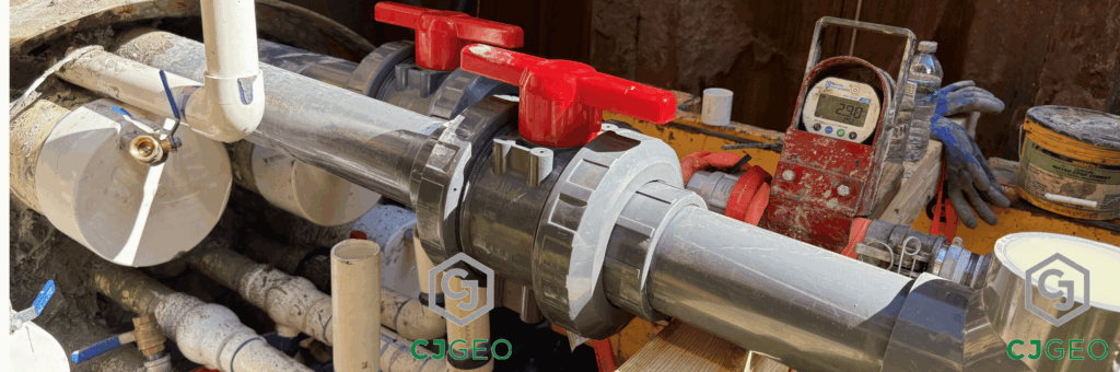 Multiple pipes and valves emerging from the bulkhead on the end of a tunnel for electrical conduits, in a sheet pile shaft.