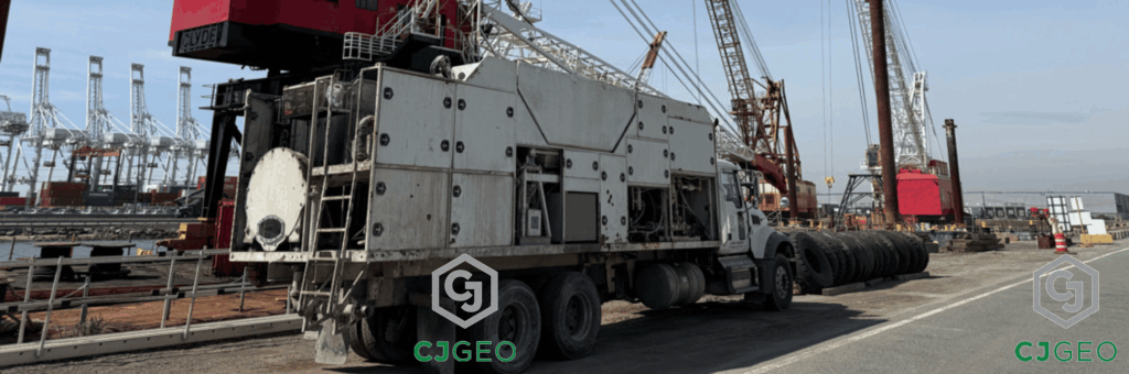 CJGeo cellular grout plant sitting on a pier next to barge mounted cranes in front of a blue sky.