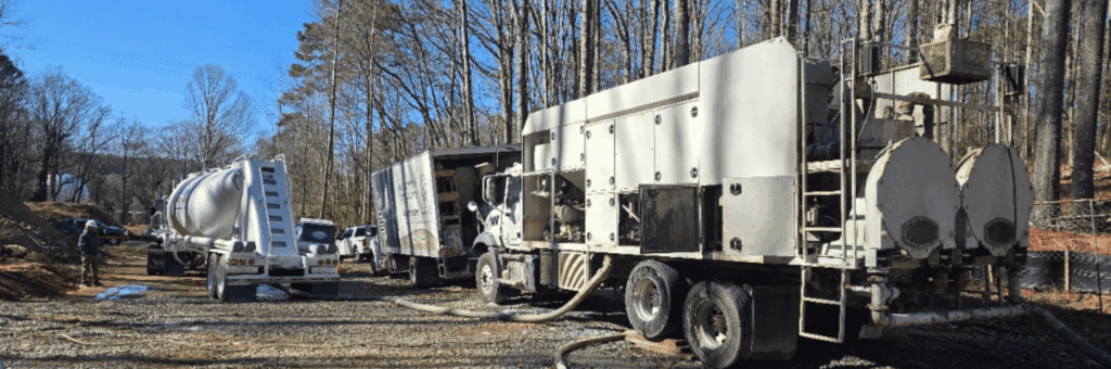 A large white CJGeo batch plant and support truck sit at a construction site in the woods.
