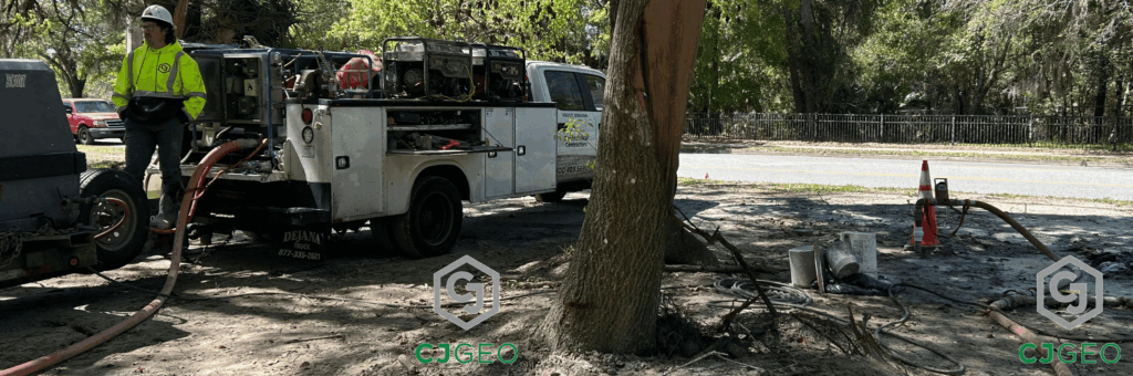 A CJGeo grouting truck and trailer in a forested setting with a grout hose connected to a pipe being filled with cellular grout.