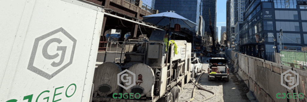 CJGeo cellular concrete batch plant onsite at a construction project with a bridge, fence, and Manhattan skyline in the background.