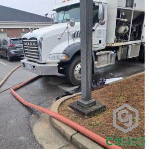 CJGeo cellular concrete batch plant onsite in a doctor's office parking lot