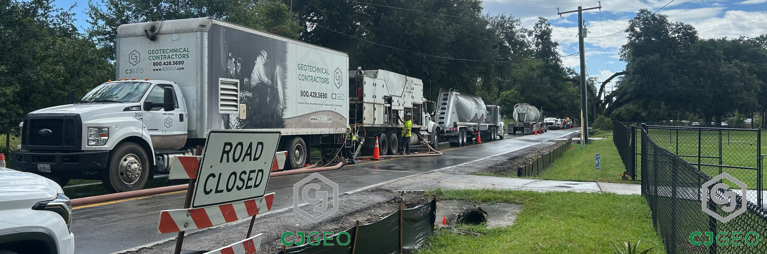 CJGeo cellular concrete batching equipment and cement tankers on site of a Florida lightweight fill project