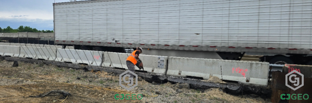 A worker installing polyurethane grouting tubing under I-95 with a semi driving past.