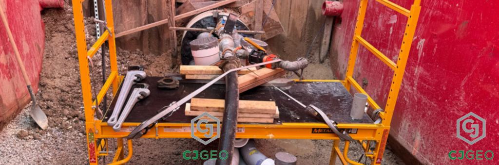 a red trenchbox with a stand hold up multiple pipe conduits coming out of a bore